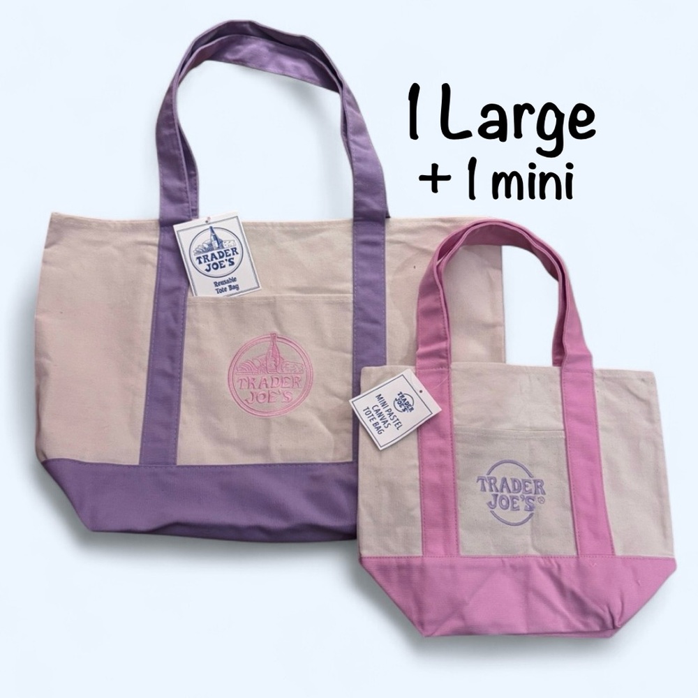 Trader Joes Large Purple Canvas Tote and 1 MINI Pink Canvas Tote NWT
